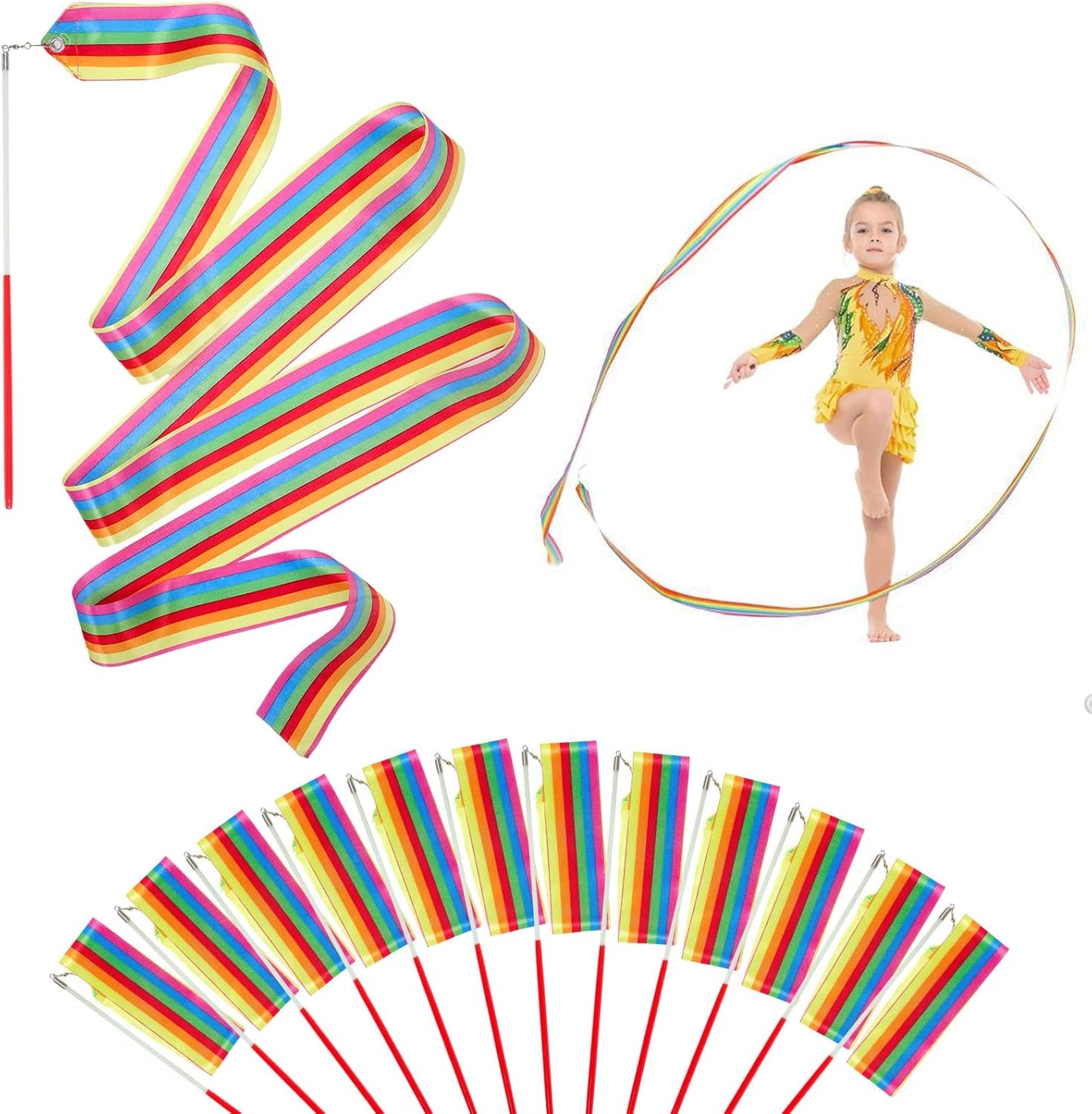 12PCS Rainbow Party Favors Dance Ribbons for Kids Circus Carnival Rhythmic Gymnastics Birthday Party Decoration Supplies, Ribbon Baton Twirling Sticks Silks Streamers Wands for Girls