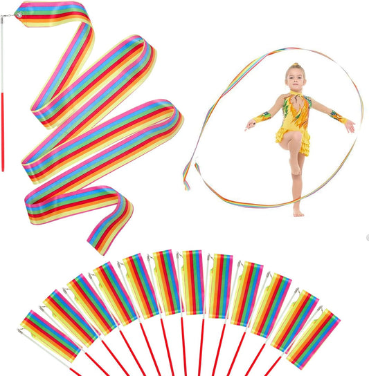 12PCS Rainbow Party Favors Dance Ribbons for Kids Circus Carnival Rhythmic Gymnastics Birthday Party Decoration Supplies, Ribbon Baton Twirling Sticks Silks Streamers Wands for Girls
