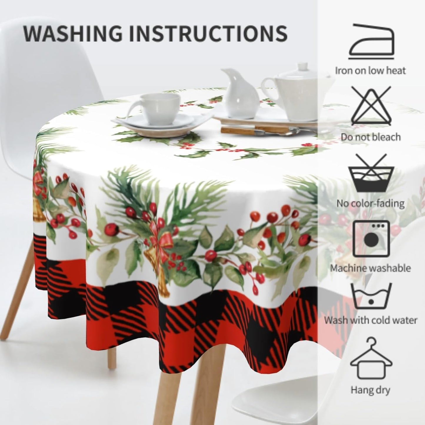 Giwawa Christmas Round Tablecloth for Kitchen Dining, 60Inch Xmas Holly Berries Bells Bows Table Cloth, Red Black Buffalo Plaids Non-Slip Table Cover for Holiday Picnic Tabletop Decor