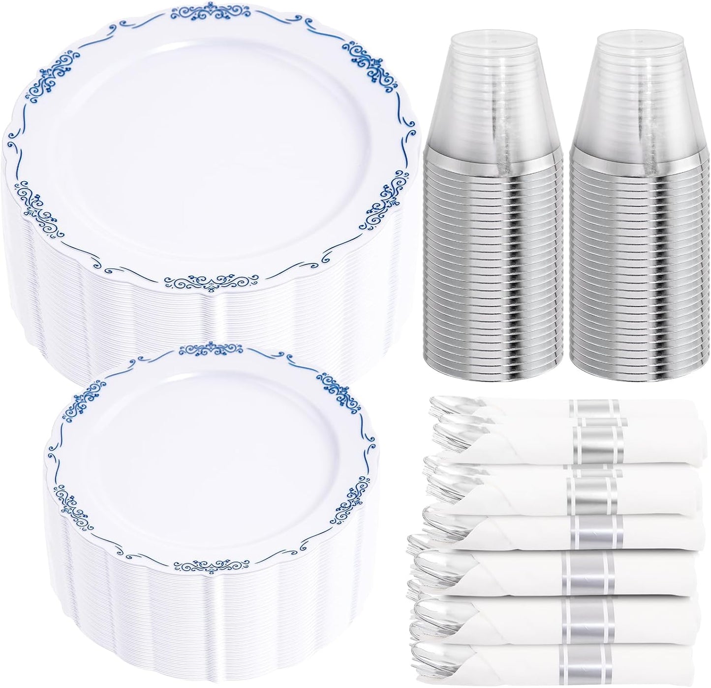 DaYammi 350Pcs Blue and White Plastic Plates Disposable Blue Plates for Party Include 50 Dinner plate,50 Dessert plate- 50 Per Rolled Napkins with Silver Cutlery- 50 Disposable Cups 9 OZ for Wedding