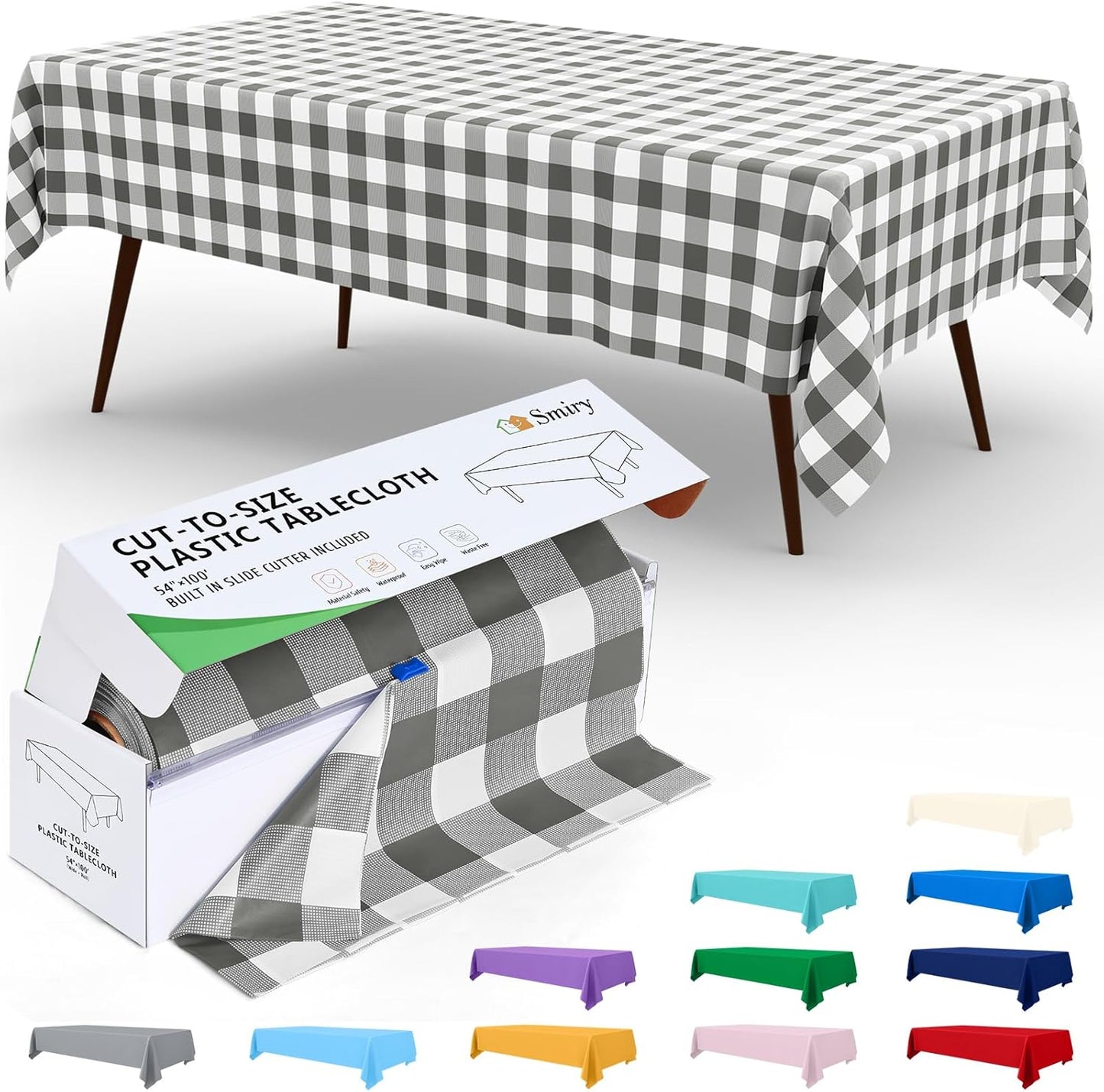 Smiry 54 Inch x 300 Feet Disposable Table Cover Roll, Grey & White Plastic Table Cloth in Cut-to-Size Box with Slide Cutter, Waterproof Rectangle Tablecloths for Weddings, Banquets, Outdoor