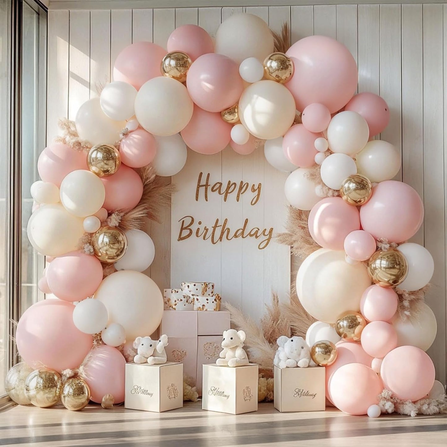 Pink Beige White Balloons Arch Kit, Light Pastel Pink Beige Sand White Chrome Gold Bobo Balloons for Engagement Wedding Bridal Shower Birthday Princess Party Decorations