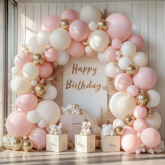 Pink Beige White Balloons Arch Kit, Light Pastel Pink Beige Sand White Chrome Gold Bobo Balloons for Engagement Wedding Bridal Shower Birthday Princess Party Decorations