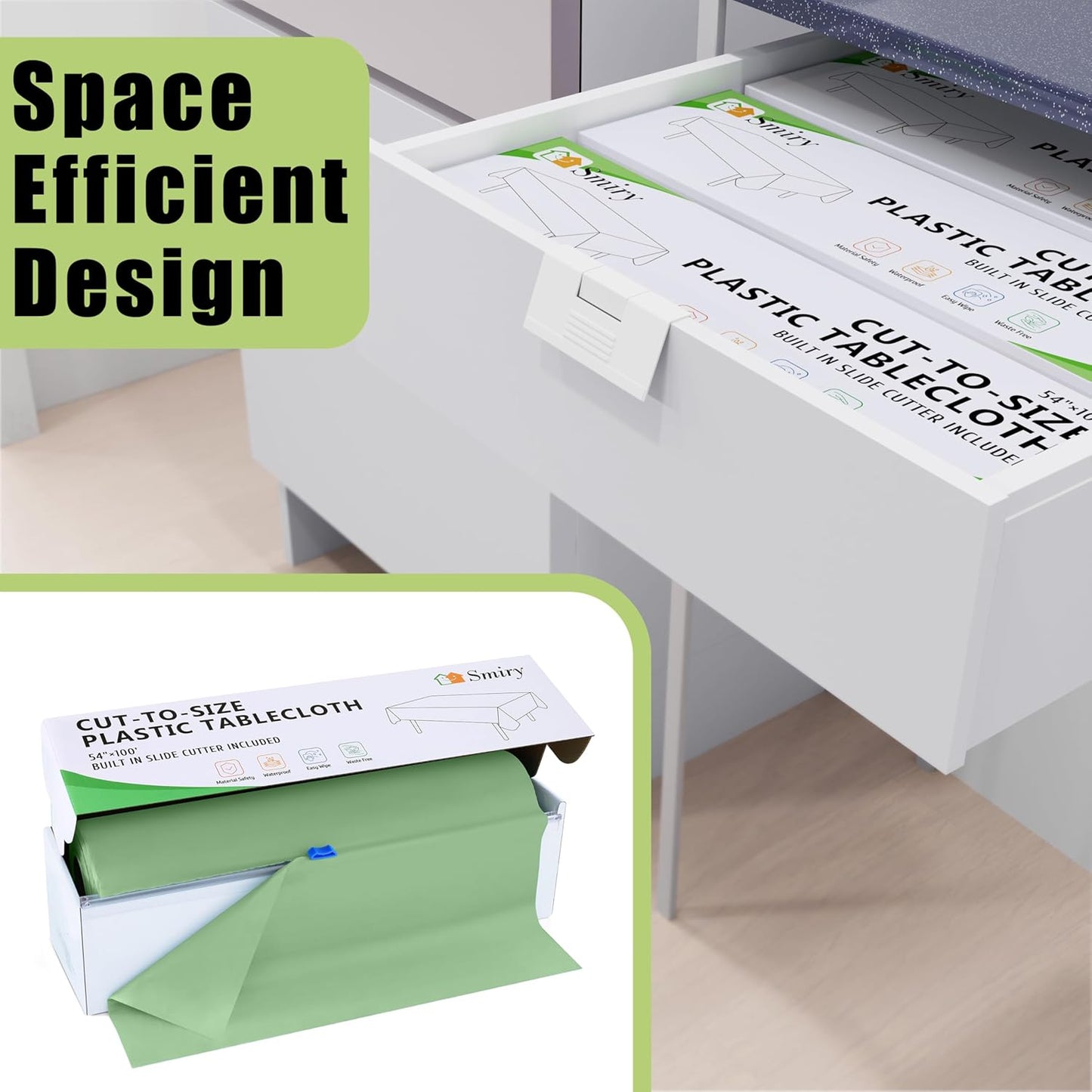 Smiry 54 Inch x 100 Feet Disposable Table Cover Roll, Sage Green Plastic Table Cloth in Cut-to-Size Box with Slide Cutter, Waterproof Rectangle Tablecloths for Weddings, Banquets, Outdoor