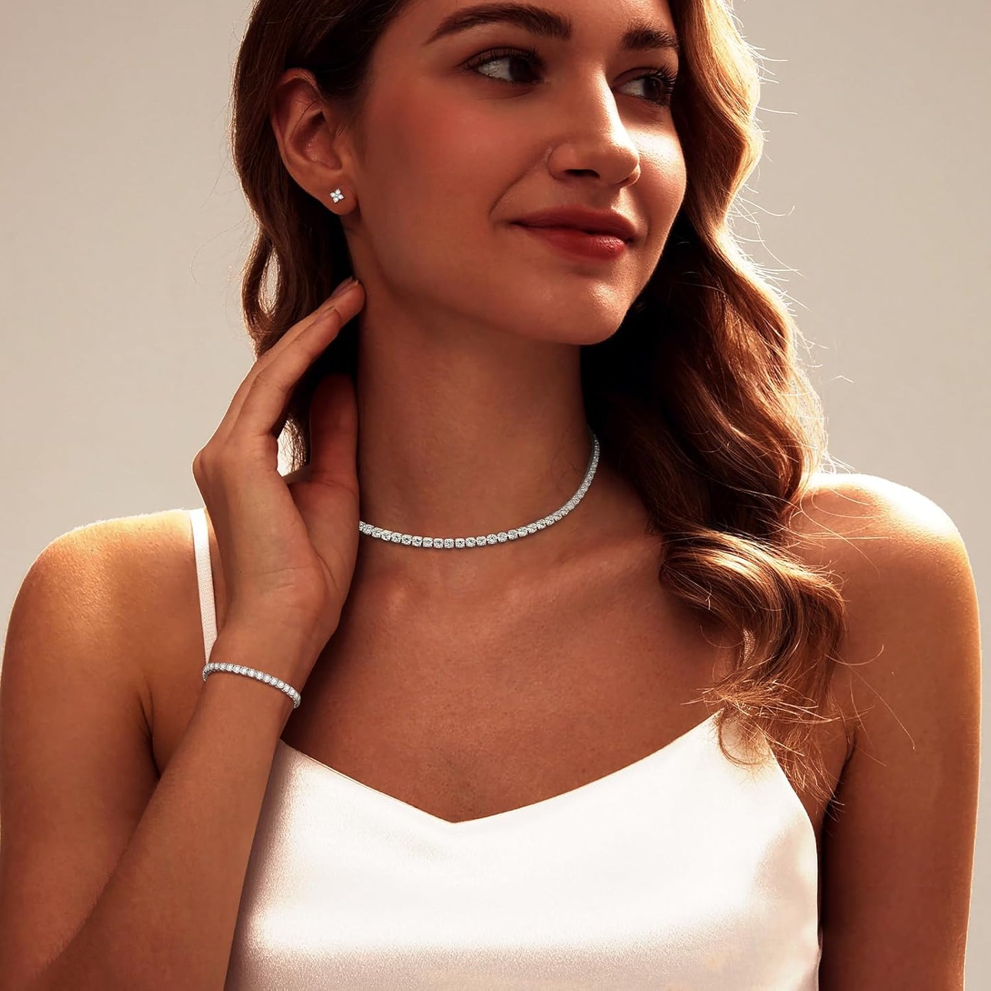 Luxval Tennis Necklace Set for Women Tennis Bracelets Diamond Earrings Sterling Silver Necklace Wedding Jewelry for Bride Silver Jewelry Sets for Women Gift