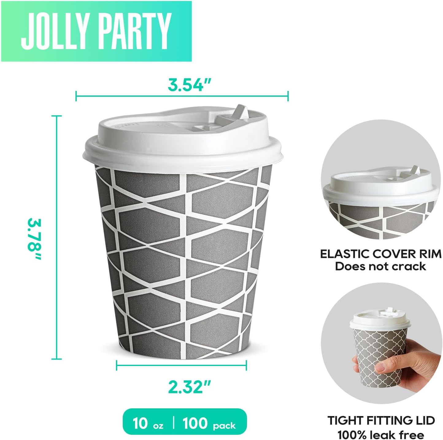 JOLLY PARTY Disposable Coffee Cups with Lids -10 oz (100 Sets) To Go Coffee Cups, Paper Cups for Beverages Espresso Tea, Suitable for Cafes, Offices and Home