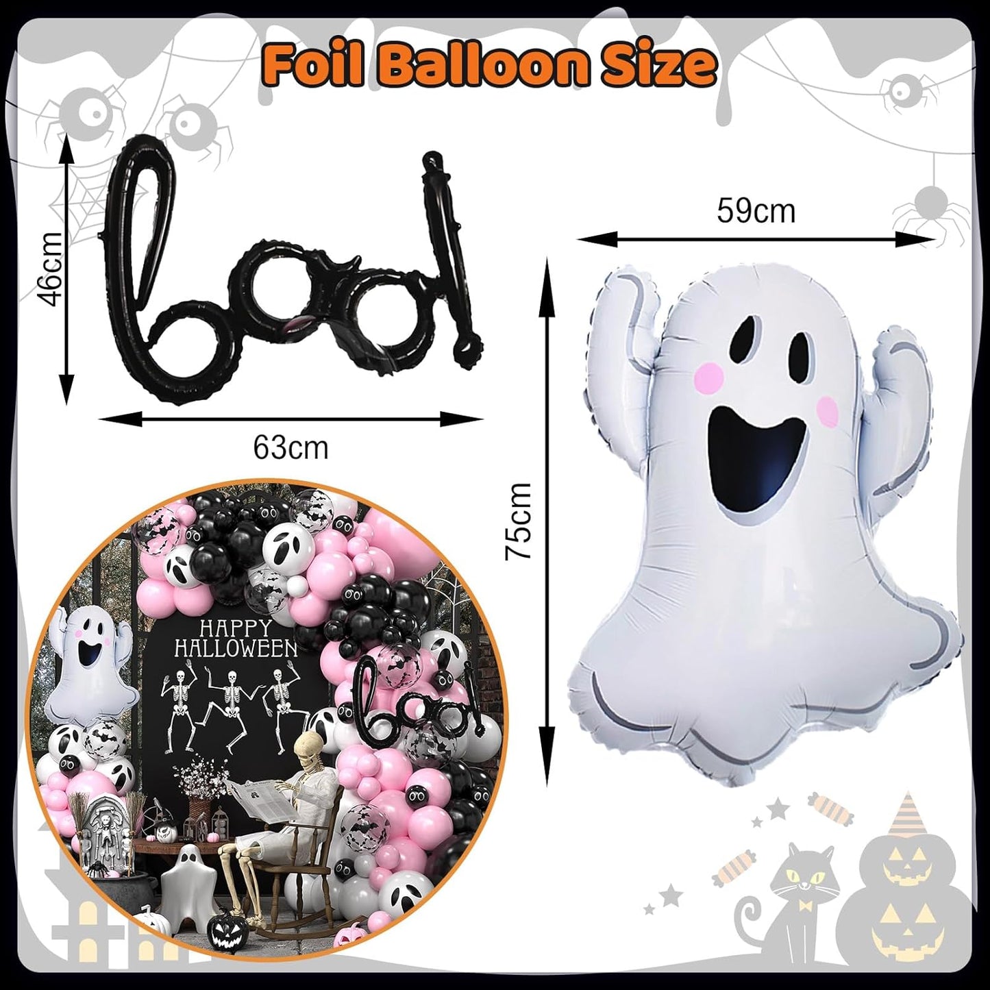 Halloween Balloon Arch Kit, Black Pink Balloons Garland Arch Kit with Large Ghost and BOO Foil Balloon, Eyes Bat Ghost Printed White Balloons For Halloween Decorations Home Garden Party Supplies