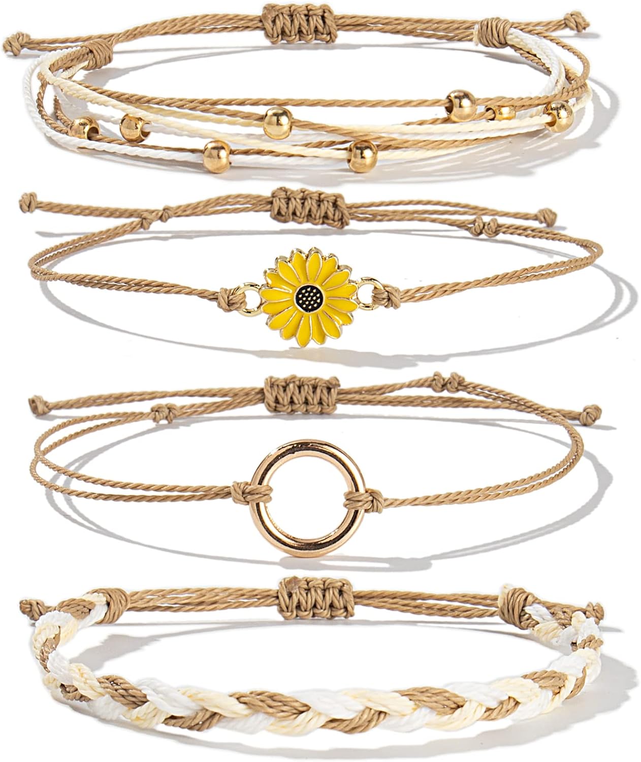 FANCY SHINY Sunflower String Bracelet Boho Braided Rope Wrap Bracelets Cute Summer Beach Surfer Jewelry for Women Christmas Gifts