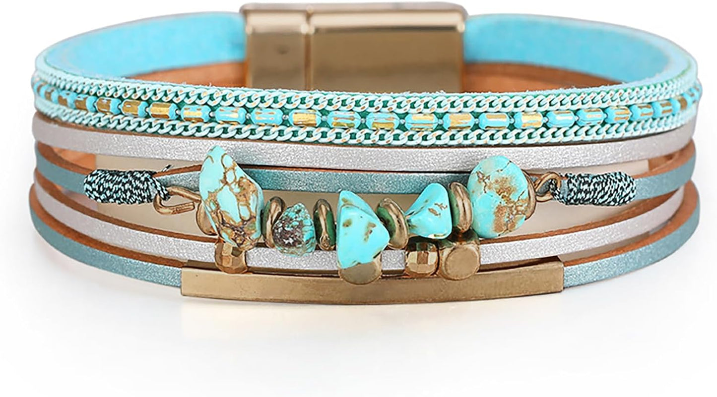 Fesciory Leather Wrap Bracelets for Women, Boho Leopard Multi-Layer Crystal Beads Cuff Bracelet Jewelry