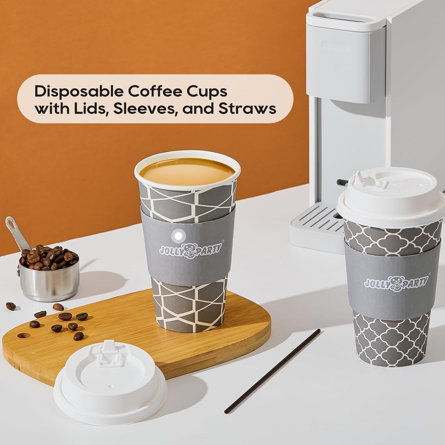 JOLLY PARTY [100 Sets] 16 oz Paper Coffee Cups, Disposable Coffee Cups with Lids, Sleeves and Straws, Hot Cold Beverage Drinking Cup for Water, Coffee or Tea, To-Go Cup Suitable for Office and Travel