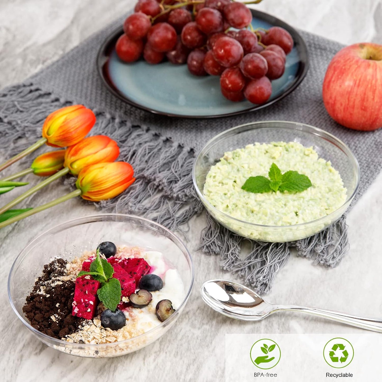 bUCLA 50Pack Clear Plastic Bowls Disposable - 10oz Premium Heavy Crystal Plastic Salsa Bowls - Ideal for Wedding & Party