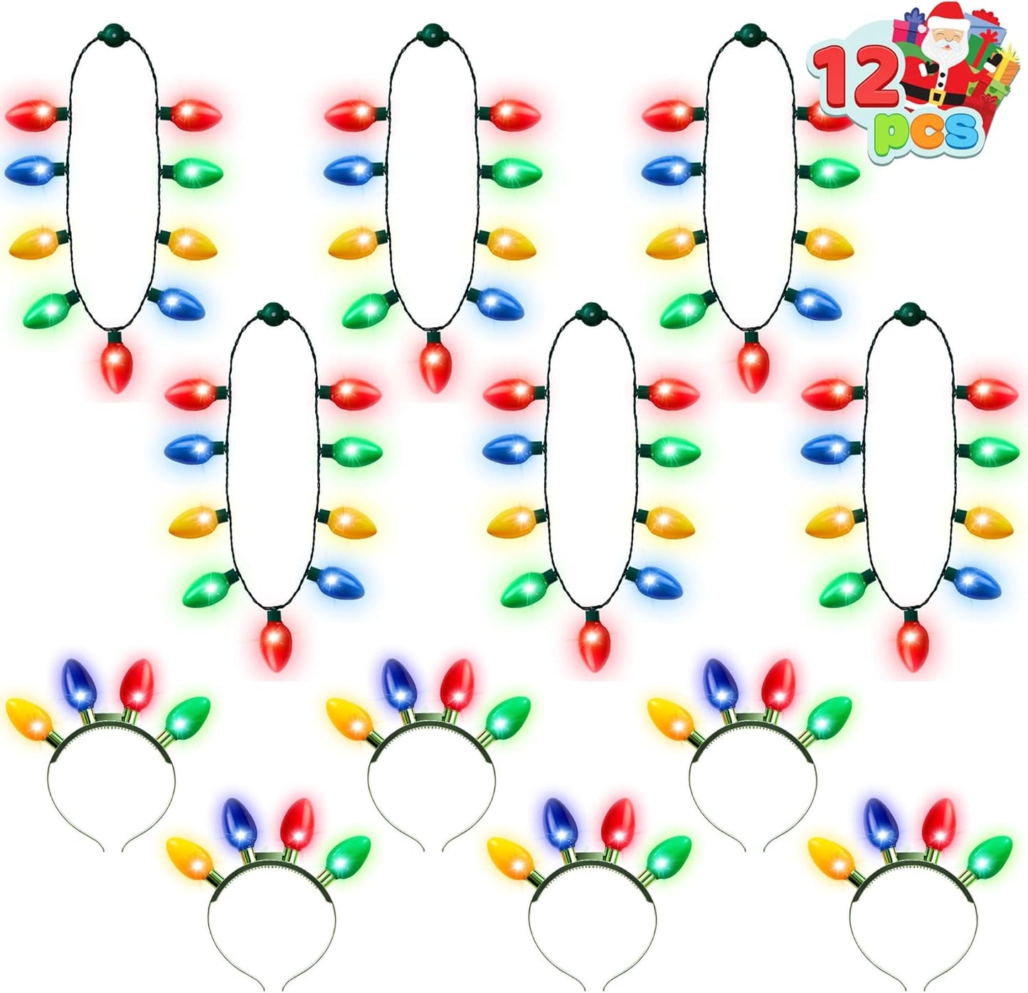 JOYIN 12PCS Christmas Light Up Headband and Necklace with 6 Flashing Modes, LED Christmas Lights Bulb Necklace Headband for Kids Women Men Xmas Party Supplies Accessories