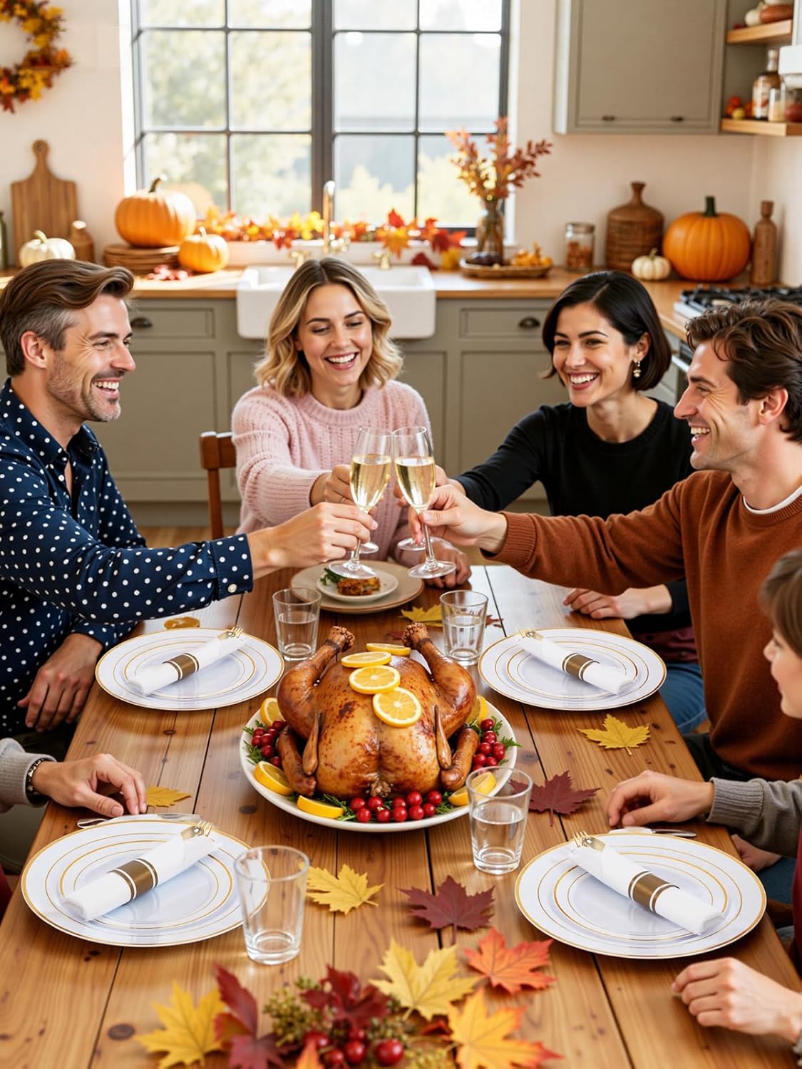 175PCS White and Gold Plastic Plates - Thanksgiving Plates with Rolled Napkins for Party - 25Guest Disposable Dinnerware Sets for Party/Thanksgiving/Wedding