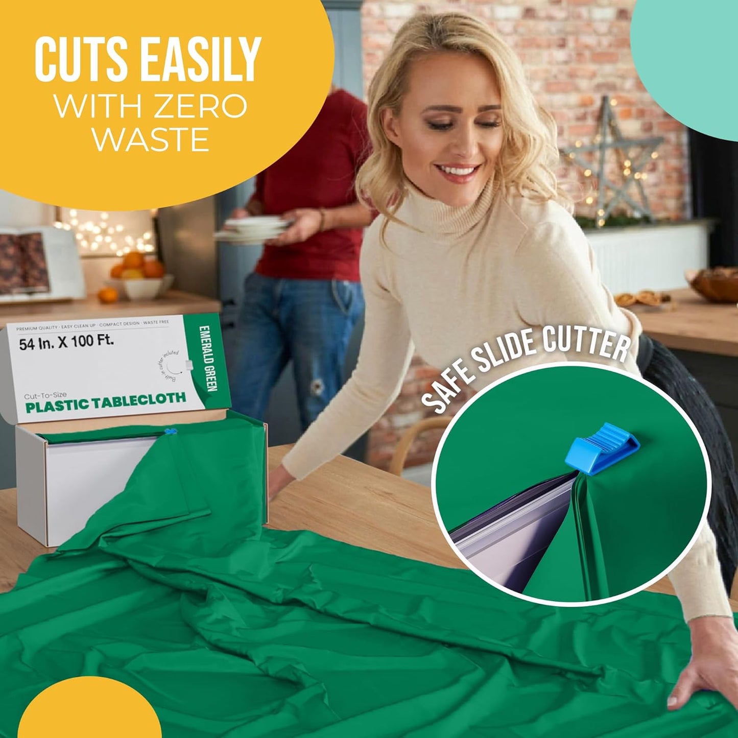 Party Solids 54 Inch X 100 Feet Emerald Green Plastic Table Cover Roll in A Cut - to - Size Box with Convenient Slide Cutter. Cuts Up to 12 Rectangle 8 Feet Plastic Disposable Tablecloths