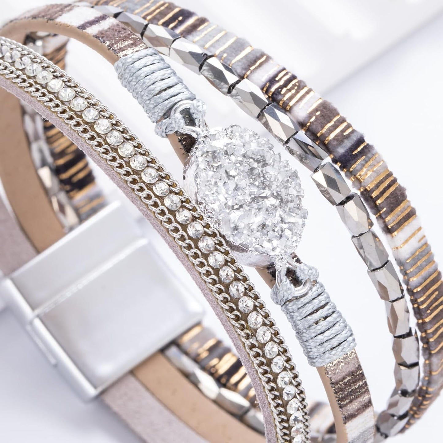 FANCY SHINY Leather Wrap Bracelet Boho Cuff Bangle Bracelets Crystal Bead Bracelet with Magnetic Clasp Jewelry Gifts for Women