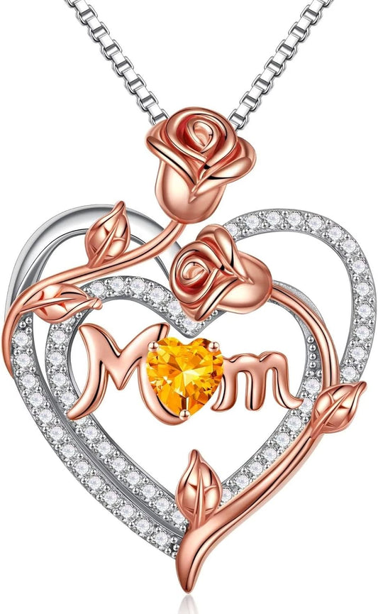 Iefil Christmas Gifts for Mom- 925 Sterling Silver Necklace, Rose Heart Birthstone Necklace, Stocking Stuffers for New/Step/Bonus Mom/Mother in Law