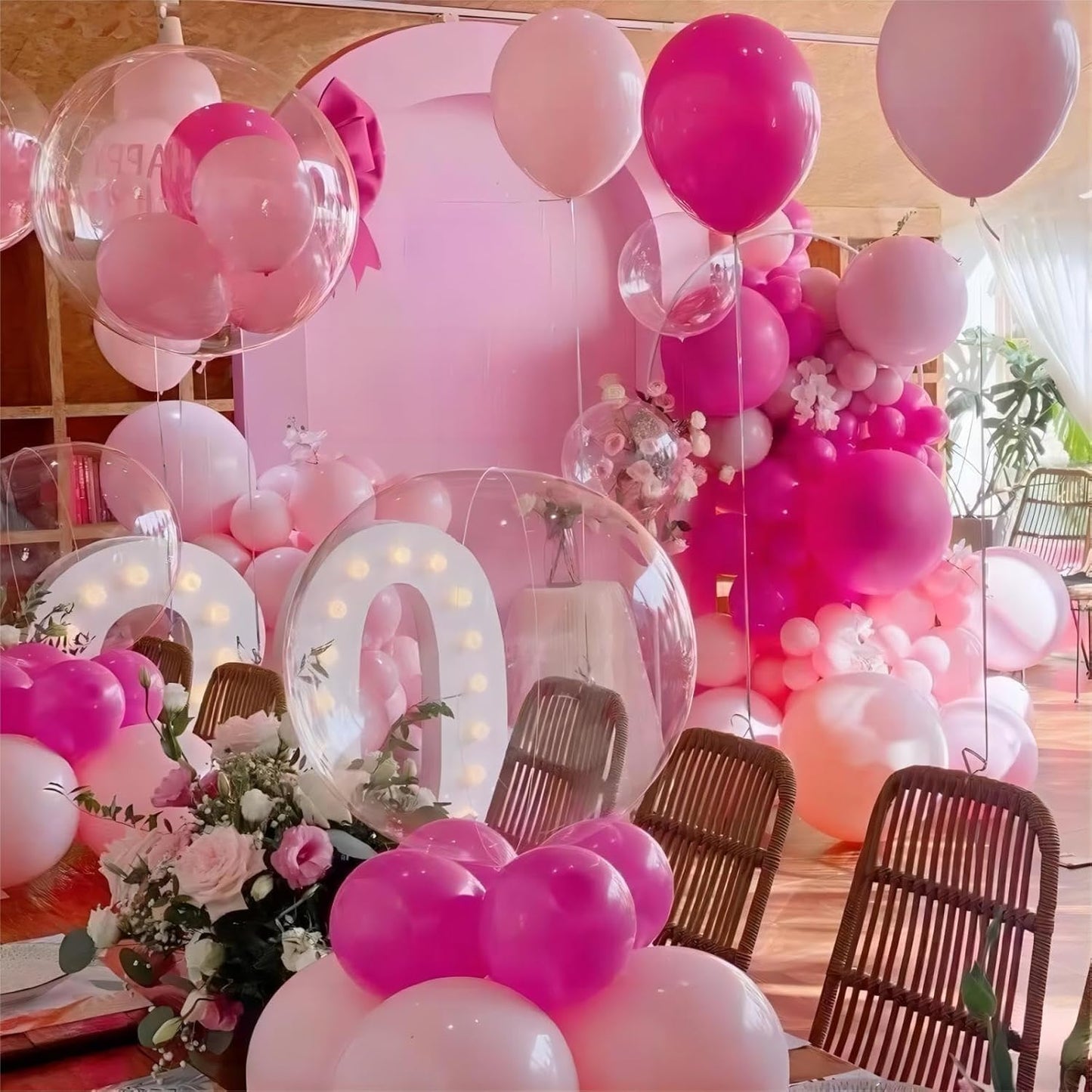 100pcs Hot Pink Balloons, Helium Quality 12 inch Bright Pink Latex Party Balloon for Birthday, Wedding, Engagement, Bridal Shower, Bachelorette Princess Party Supplies(66ft Ribbons)