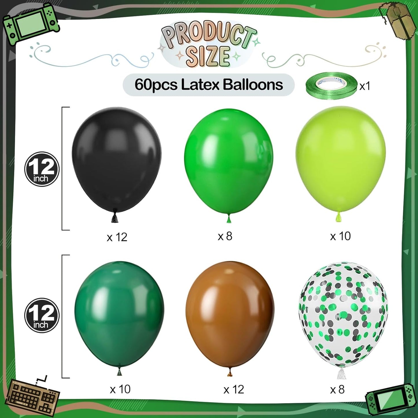 Green Brown Balloons, 60 Pcs 12 Inch Dark Green Black Confetti Balloons for Boys Men Kids Video Game Theme Jungle Safari Baby Shower Woodland Hunting Graduation Camo Birthday Army Party Decorations