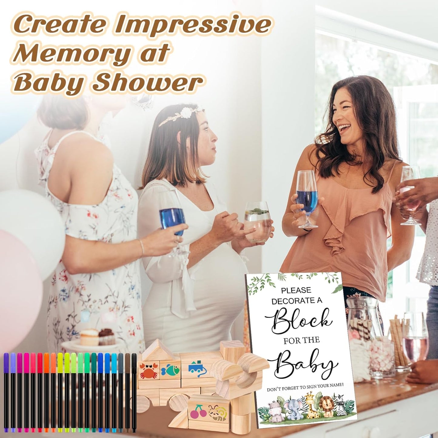 141 Pcs Baby Shower Game Sign Set Includes Decorative Square Signs 100 DIY Blank Wooden Blocks 20 Paint Markers(Animal)