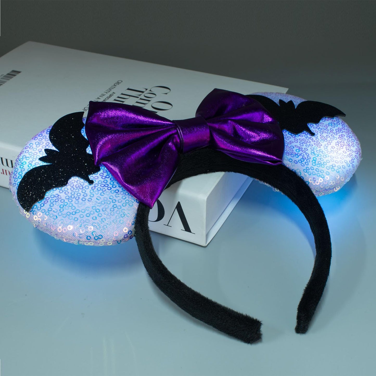 LED Mouse Ear Light Up Headband, Sequin Purple Bow Hairband, Flash Glowing Party Decoration Headwear Hair Accessories for Women Girls