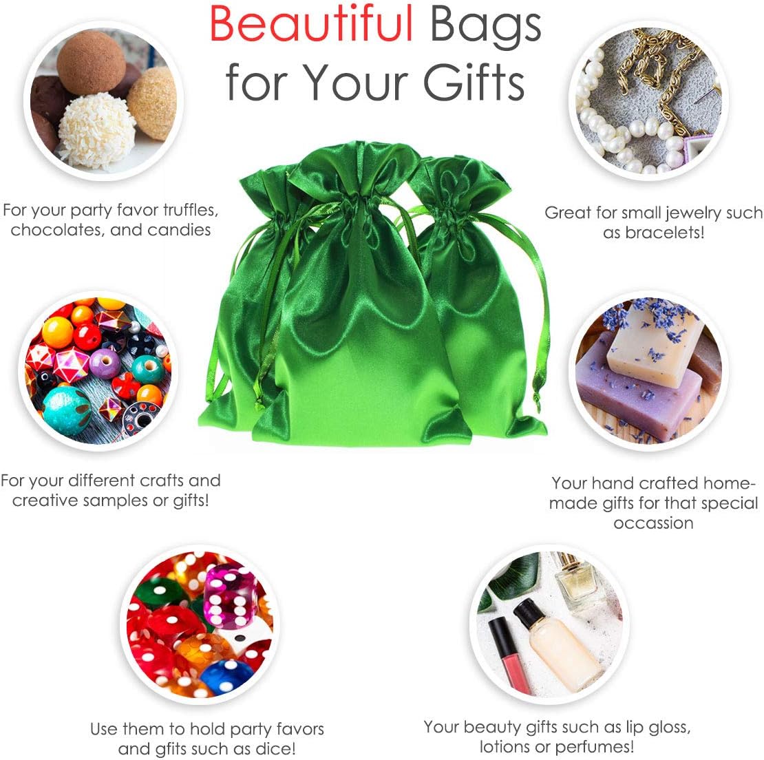 5" x 8" Green Satin Gift Bags, Jewelry Bags, Wedding Favor Drawstring Bags Baby Shower Christmas Gift Bags 50 per Pack