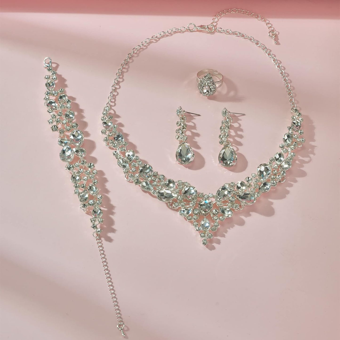 Crystal Bridal Wedding Jewelry Sets for Women Rhinestone Teardrop Crystal Statement Choker Necklace Drop Earrings Link Bracelets Rings Teardrop Jewelry Set for Brides Bridesmaids