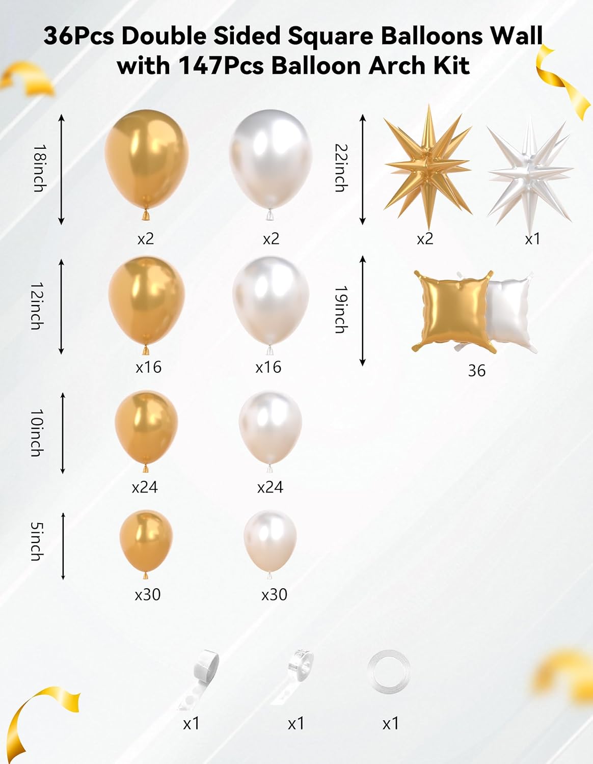 147pcs White and Gold Balloon Garland Arch Kit - 36pcs Square Foil Balloons Wall Backdrop for Wedding Engagements Birthday Bridal Shower Graduation Prom Party Decorations