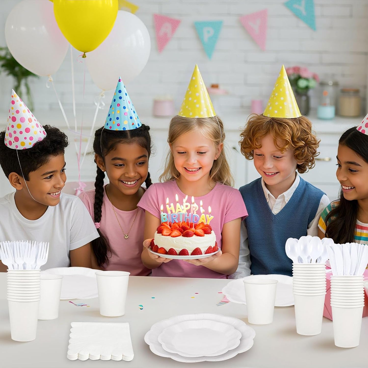 175 Pcs White Plates and Napkins Set, 25 Guest White Party Supplies Include Scalloped Plate Paper Napkin Cup Forks Knives Disposable Plastic Cutlery for Wedding Baby Shower Birthday Party