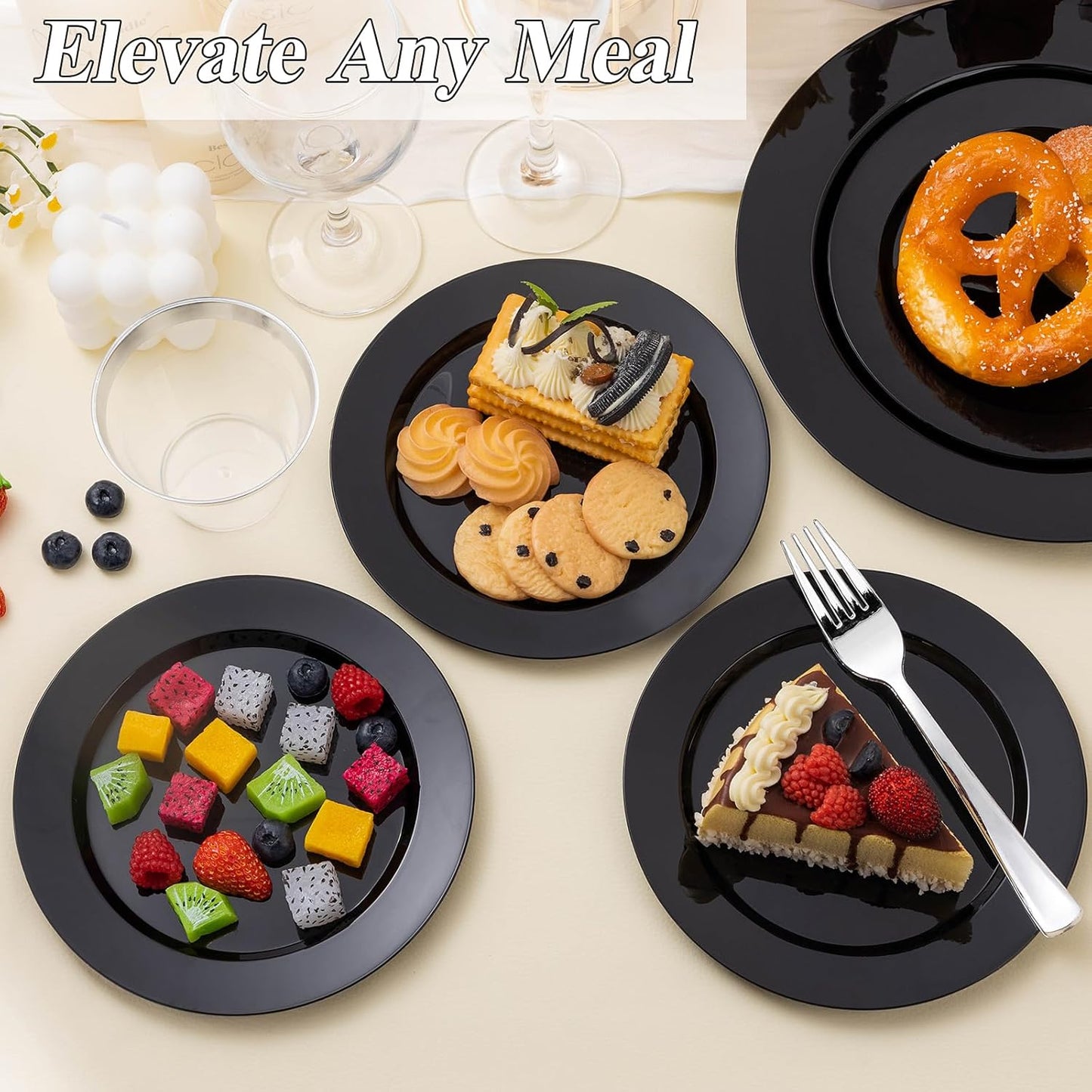 200PCS Black Plastic Plates Set, 100 10.25 inch Dinner Plates and 100 7.5 inch Dessert Plates, Premium Disposable Plates for Party, Wedding,Halloween