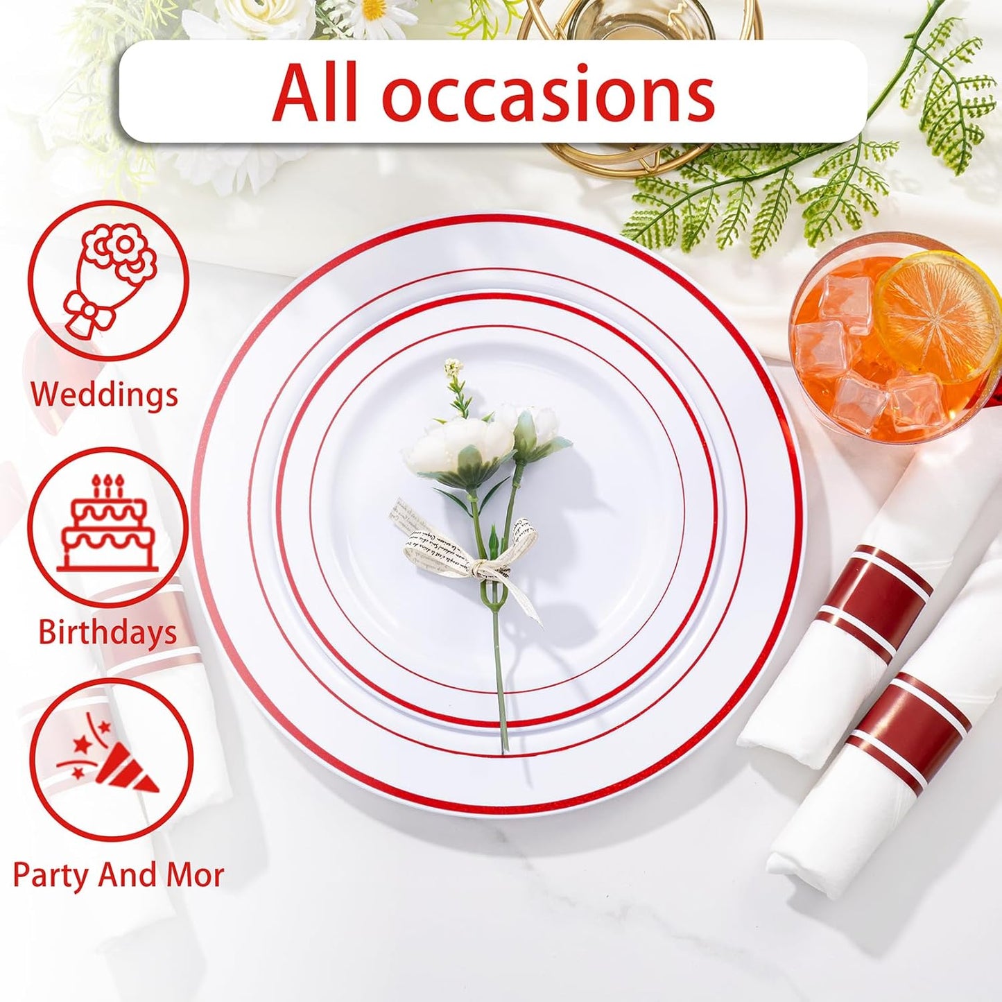 WELLIFE 350-Piece Red Plastic Party Dishware Set - 50 Dinner Plates, 50 Dessert Plates, 50 Cups, 50 Plastic Cutlery