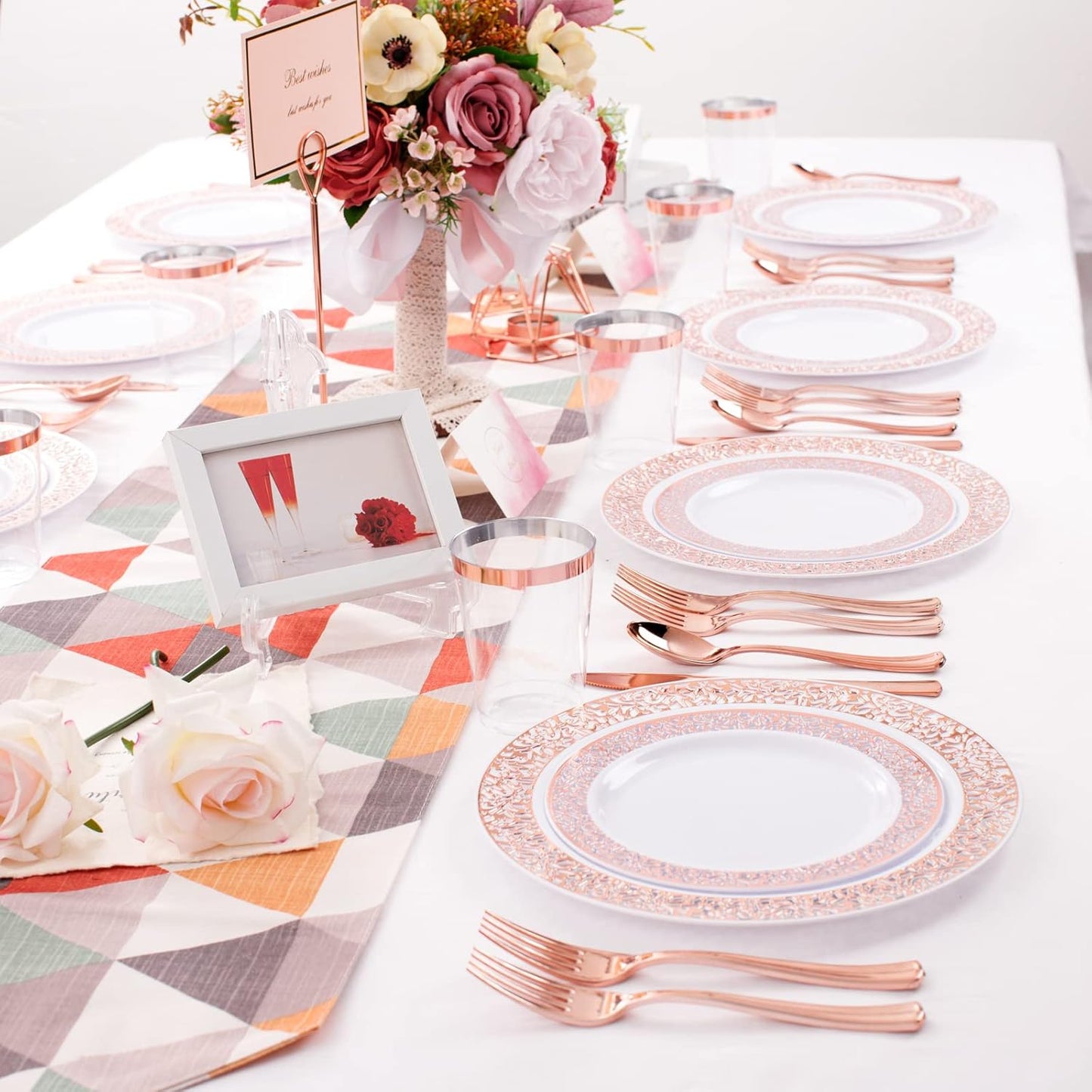 WELLIFE 175 Pieces Rose Gold Plastic Dinnerware,Rose Gold Dinnerware Set Include: 25 Dinner Plates 10.25", 25 Salad Plates 7.5", 25 Cups, 50 Forks, 25 Knives and 25 Spoons for Party