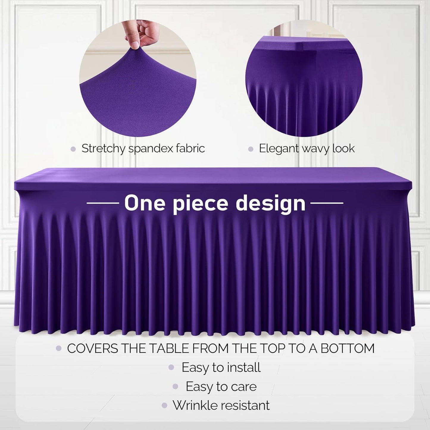 2 Packs Purple Table Clothes for 6 Foot Rectangle Tables, One-Piece Wrinkle Resistant Stretch Spandex Table Covers with Skirt for Event Banquet Wedding Birthday Party