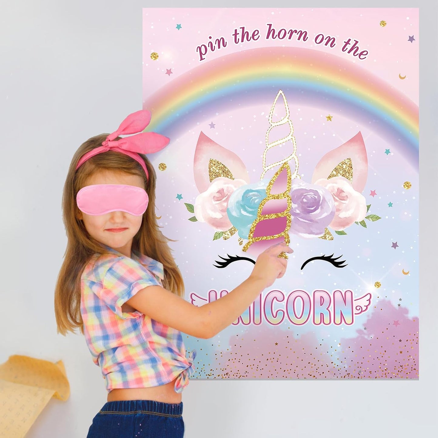 Pin The Horn on The Unicorns Party Game with 24 PCS Horn and Eye Mask for Kids Girls Birthday 21'' x 28'' (Unicorns)
