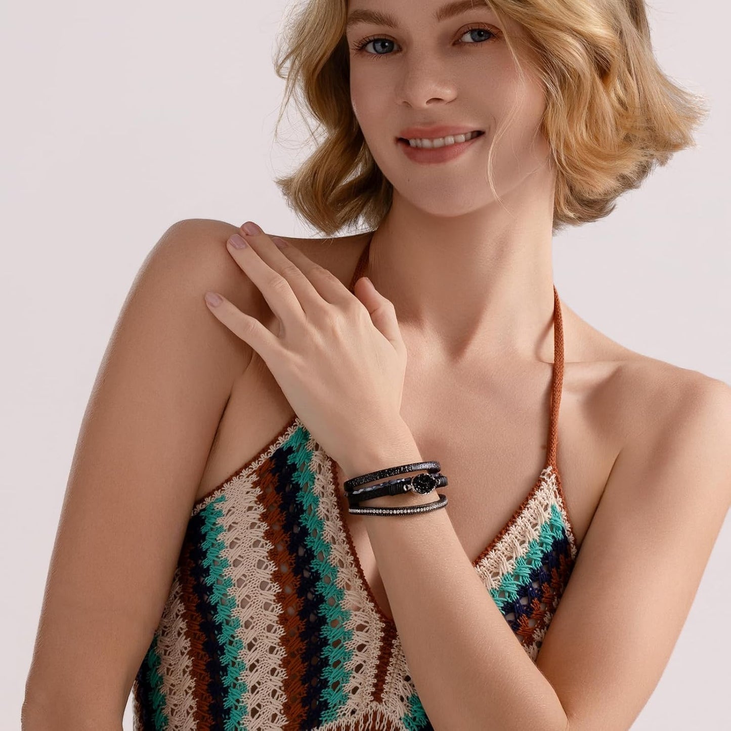 FANCY SHINY Leather Wrap Bracelet Boho Cuff Bangle Bracelets Crystal Bead Bracelet with Magnetic Clasp Jewelry Gifts for Women