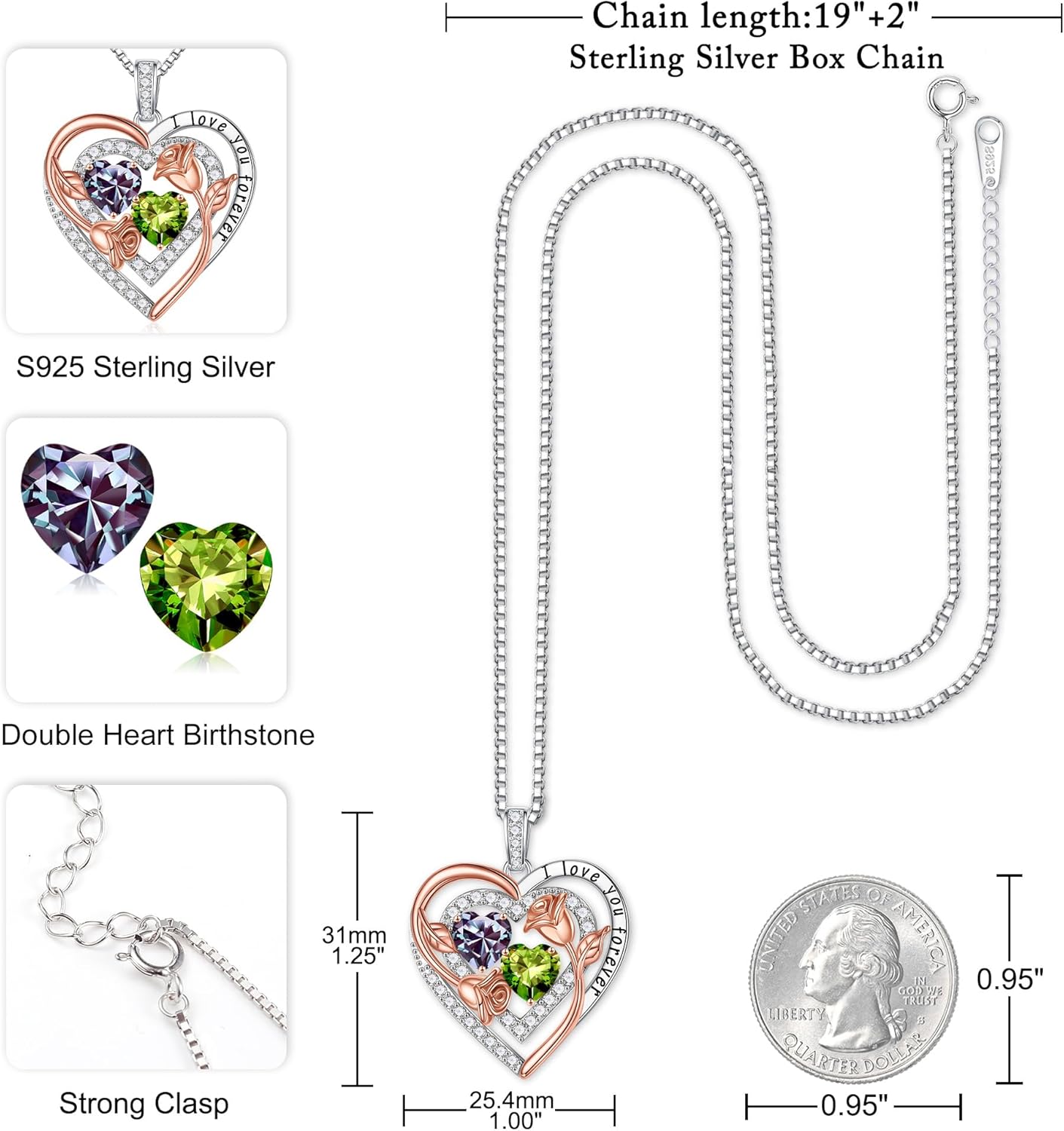 Iefil Birthstone Necklace for Women - Sterling Silver Birthstone Necklace Anniversary Birthday Gifts for Her Wife Mom Daughter