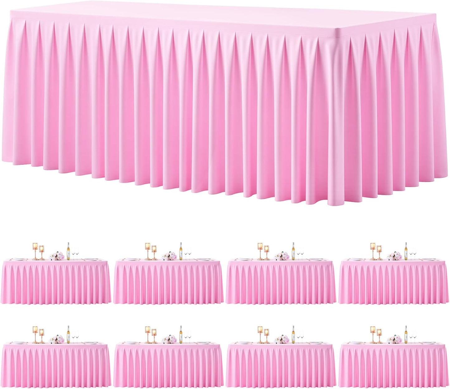 8 Pack Pink Rectangle Tablecloth 8 FT Stretch Spandex Fitted Table Cloth for 8 Foot Rectangle Tables Banquet Tablecloths Wrinkle Free Table Cover Skirt Ruffle Tablecloth for Party Wedding Birthday