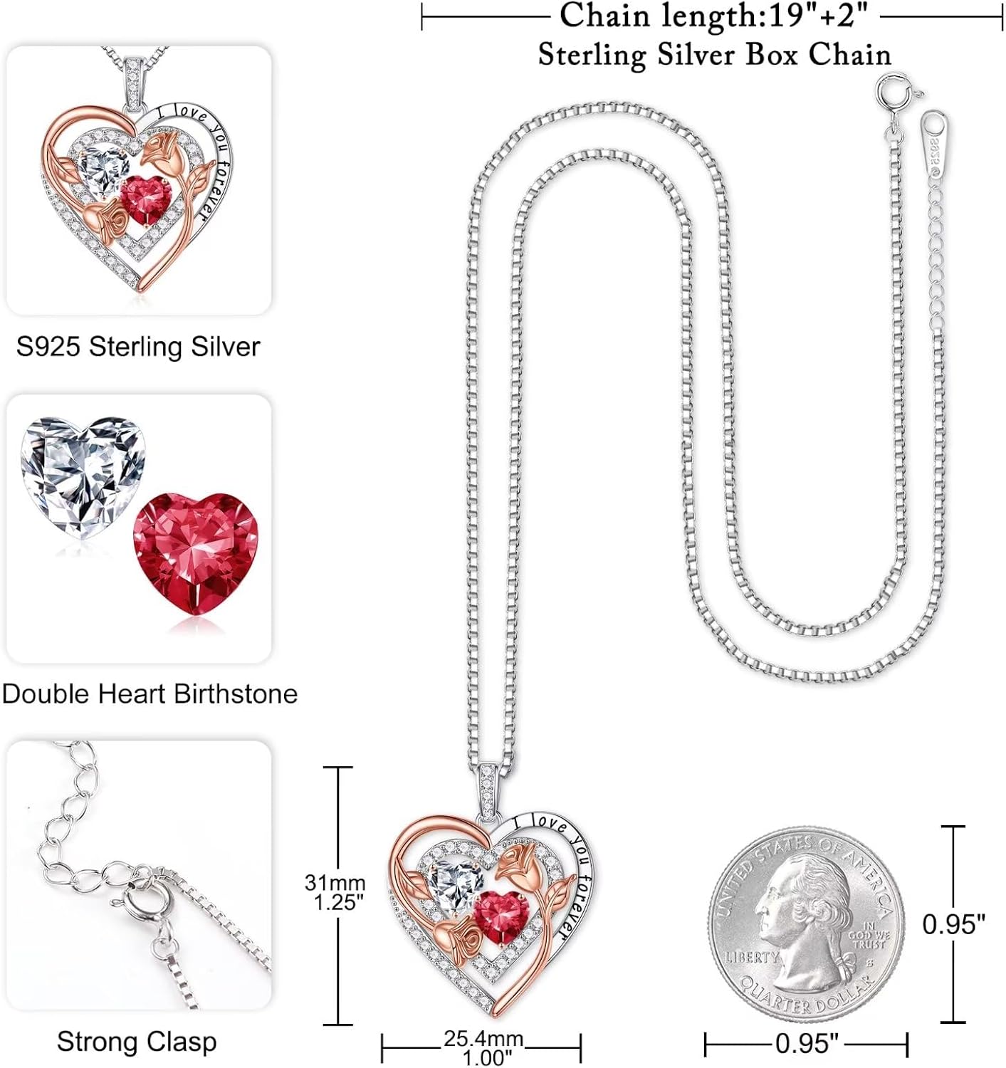 Iefil Birthstone Necklace for Women - Sterling Silver Birthstone Necklace Anniversary Birthday Gifts for Her Wife Mom Daughter