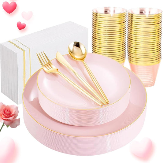 MirthMood 210PCS Pink Plastic Plates with Gold Rim – Plastic Plates Set Includes 30 Dinner,30 Dessert Plate,30 Cup&30 Napkins 90 Gold Silverware for Wedding Birthday Parties & Baby Shower