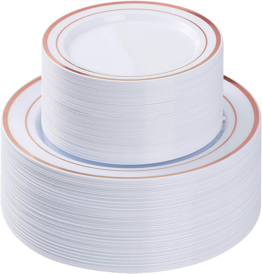 BESTVIP 100PCS Rose Gold Plastic Plate, Disposable Party Plates with 50 Dinner and 50 Dessert Plates, Plastic Plate for Party, Wedding and Birthday