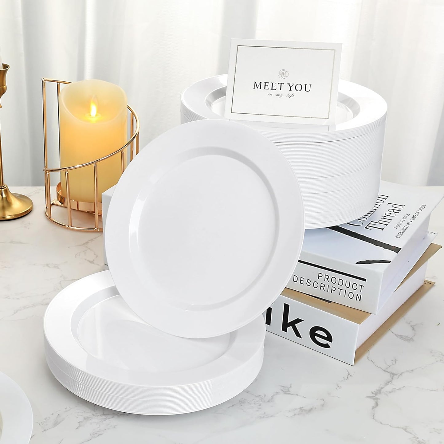 BESTVIP 100PCS 7 Inch White Plastic Dessert Plates, Disposable Plate for Appetizers, Small Cakes, Small Heavy Duty Disposable Plastic Plates for Parties, Wedding, Christmas, Thanksgiving and Birthday