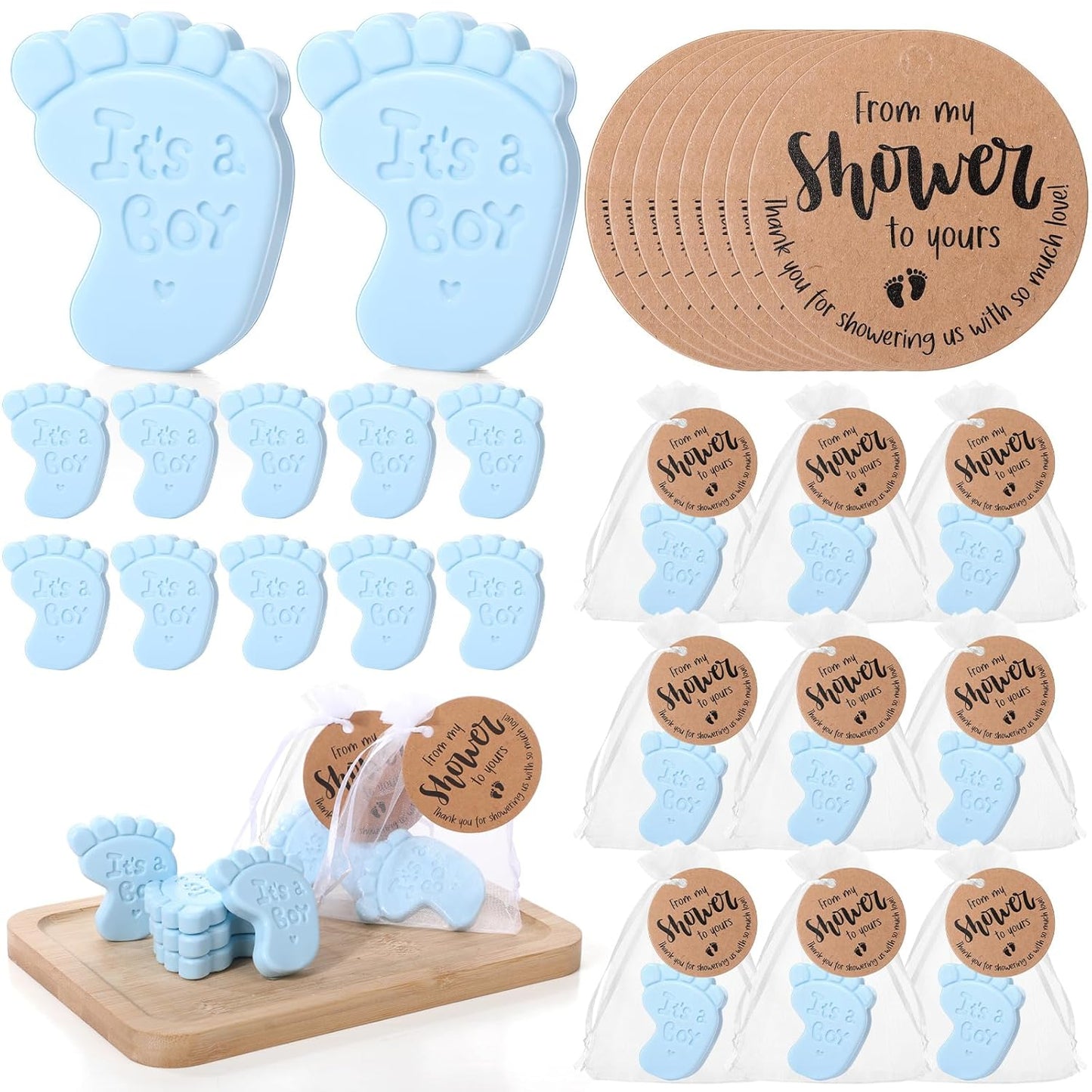 25 Sets Baby Shower Soap Favors for Guests Girl Boy Mini Footprint Handmade Scented Soaps with Thank You Tags and Organza Bags for Shower Gender Reveal Party Favors(Blue, Boy)