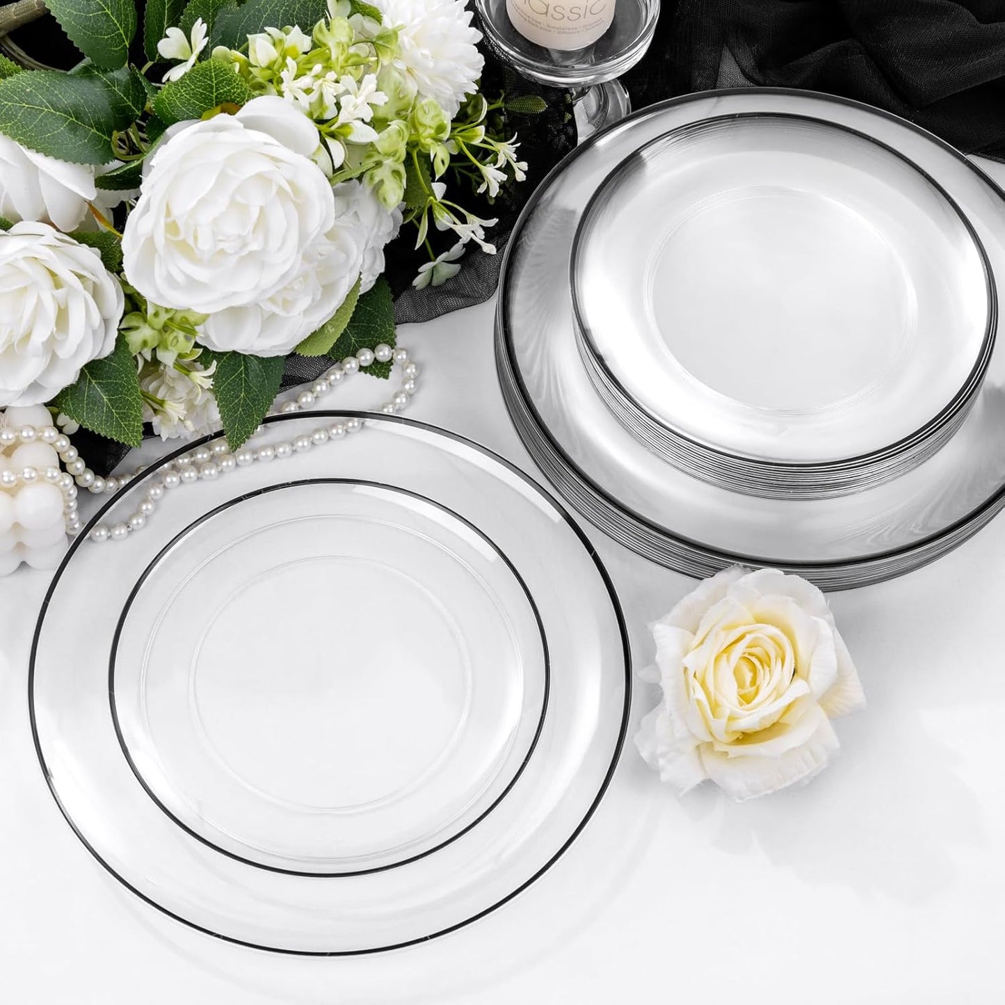 LIYH 60 Pcs Black Plates Disposable for Party Halloween Plates - Clear and Black Disposable Plate Includes 30 Dinner 10.25" & 30 Appetizer/Dessert Plate 7.5" for Wedding Halloween Day