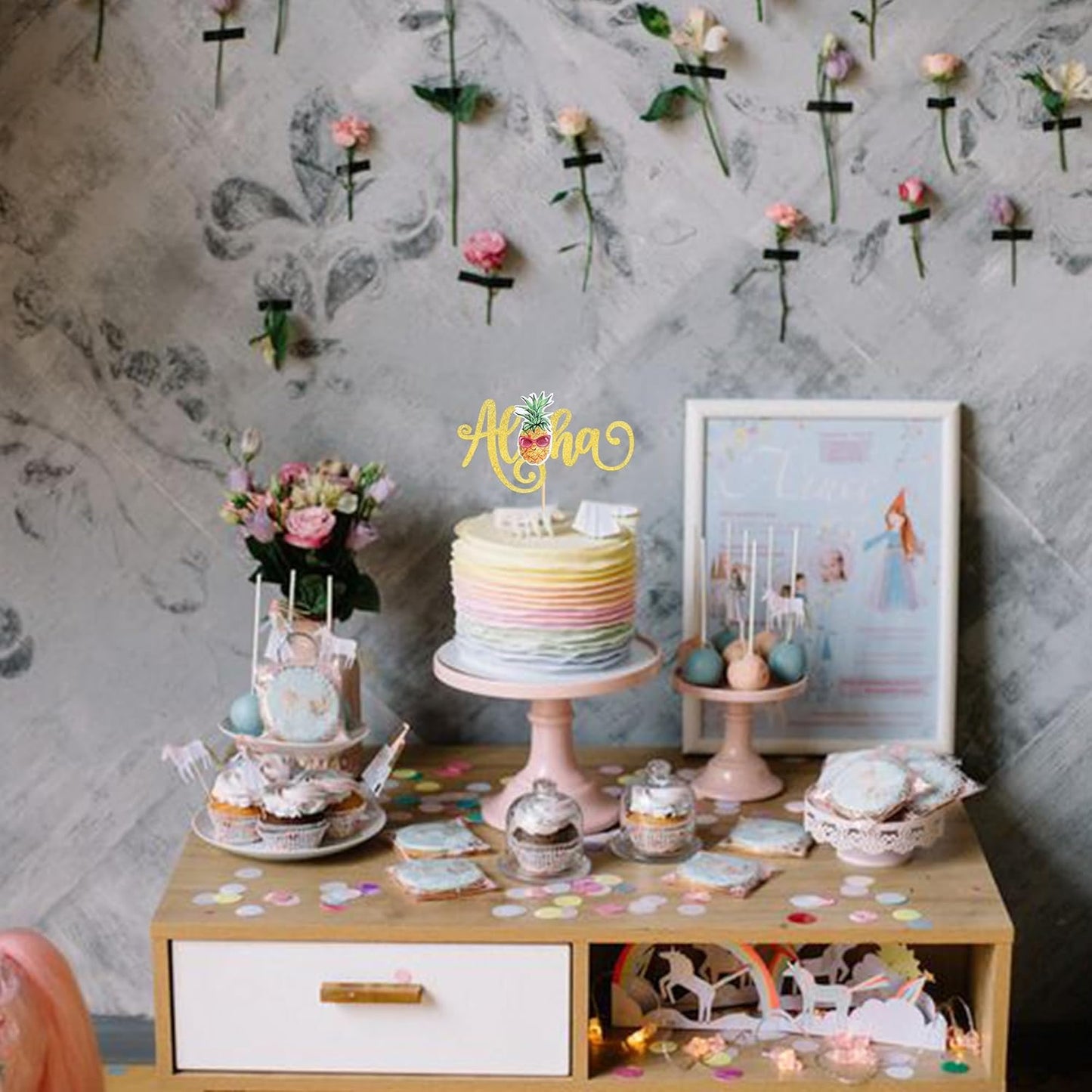 1 Pack Aloha Cake Topper Glitter Pineapple Summer Hawaiian Cake Pick Tropical Cake Decorations for Summer Baby Shower Aloha Hawaiian Theme Birthday Party Supplies Gold