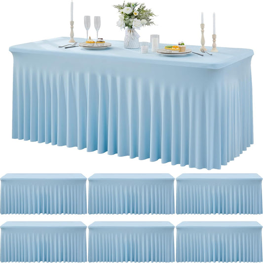 6 Pack Spandex Baby Blue Table Clothes for 6 Foot Rectangle Tables, Wrinkle Free Fitted Tablecloths 6ft Stretchy Table Cloths Skirt for Parties Weddings Birthday Banquet Baby Shower