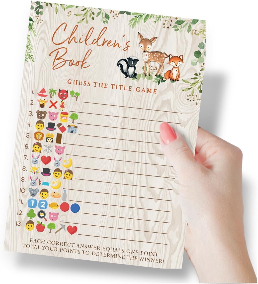Printed Party Woodland Baby Shower Game Set – 5 Fun Games & Activities for Boy or Girl, Woodland Forest Animals Theme, 50 Guests