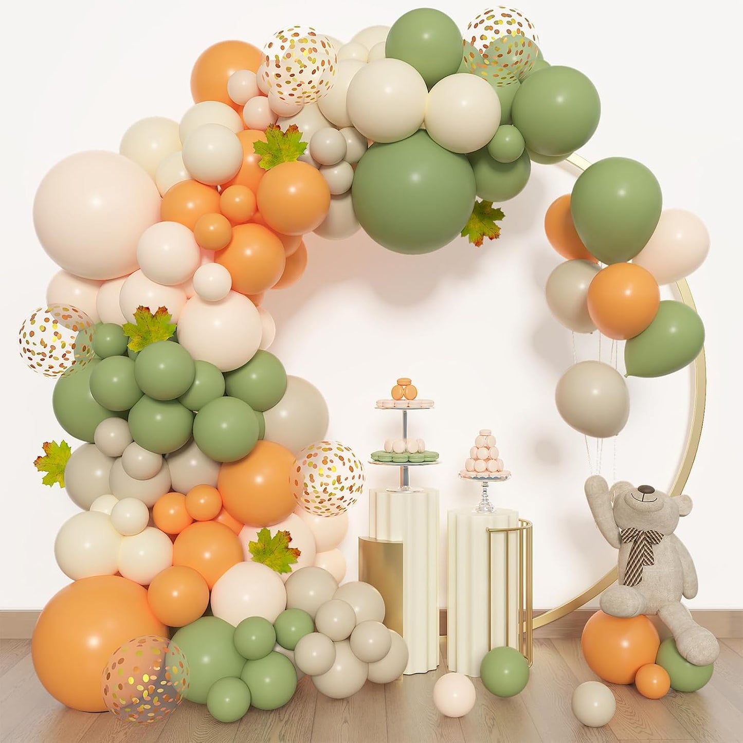 Amandir 153pcs Green Orange Balloon Garland Arch Kit, Different Sizes 18 12 10 5 inch Sage Green White Sand Latex Confetti Fall Balloons for a Little Cutie is on the Way Baby Shower Party Decoration