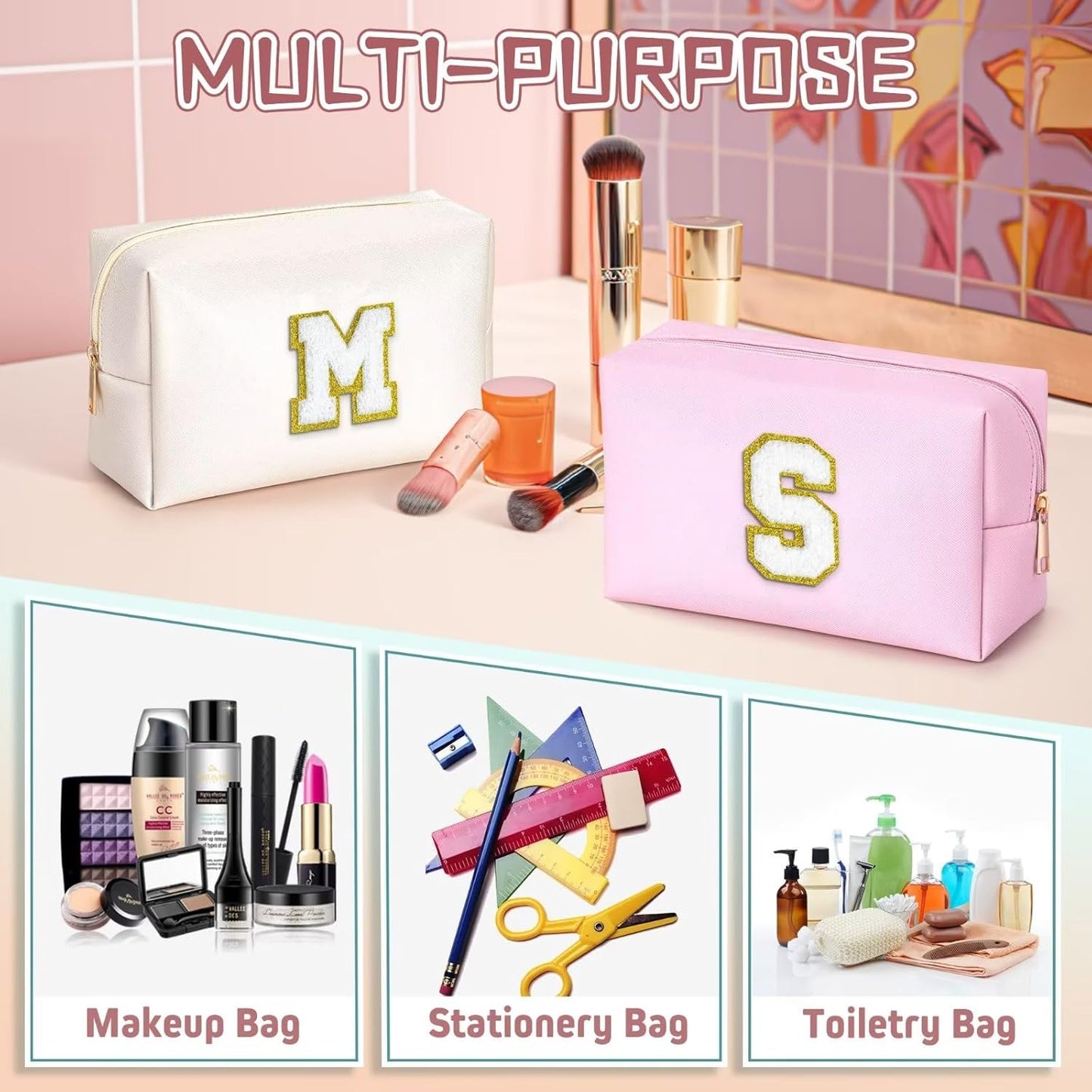 TOPEAST Initial Makeup Bags for Women, Personalized Portable Cosmetic Bag with Zipper, Cute Makeup Pouch, Bridesmaid Gifts for Wedding Day, Teen Girl Trendy Stuff(White X)