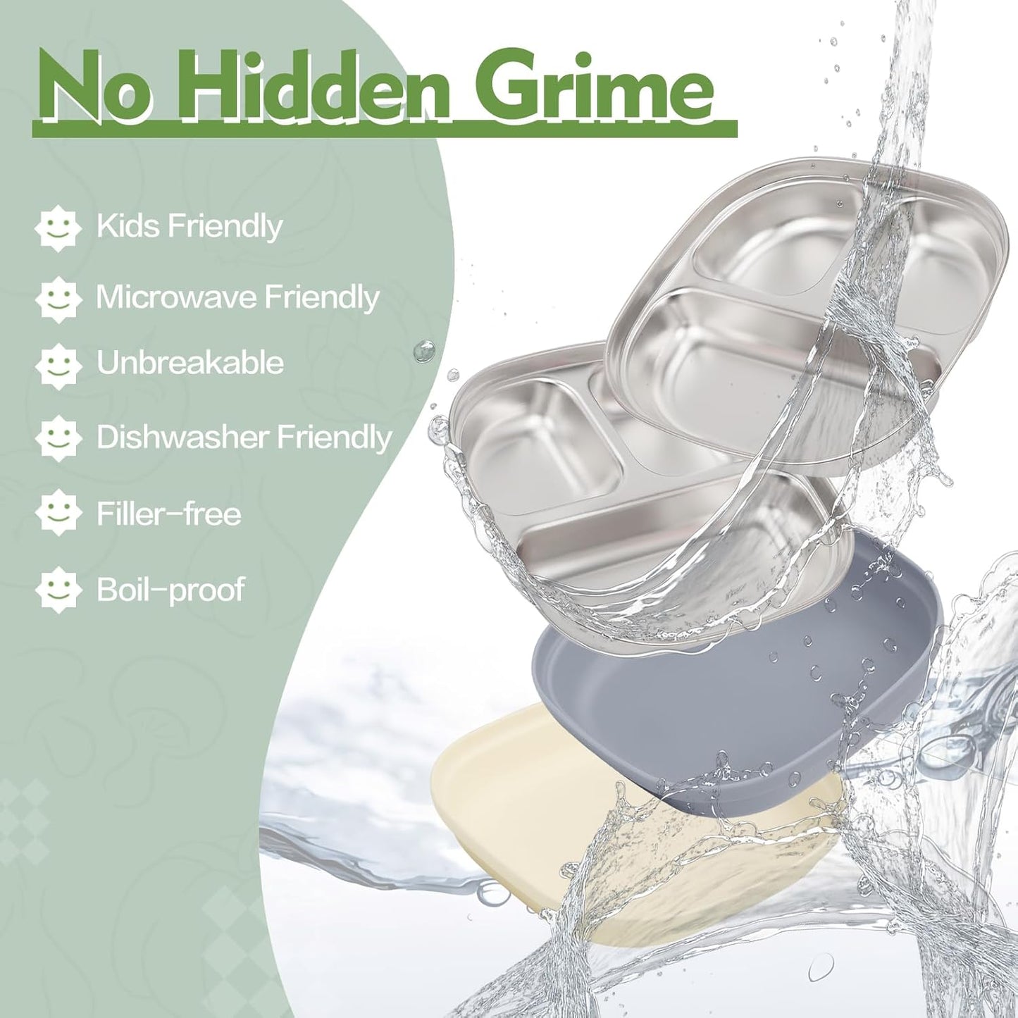 Stainless Steel Toddler Plates with Suction | Non-Slip Divided Baby Plates BPA Free & Non Toxic | Detachable Silicone Base| Dishwasher Safe | Unbreakable Kids Dinnerware 2-pack(yellow + grey)