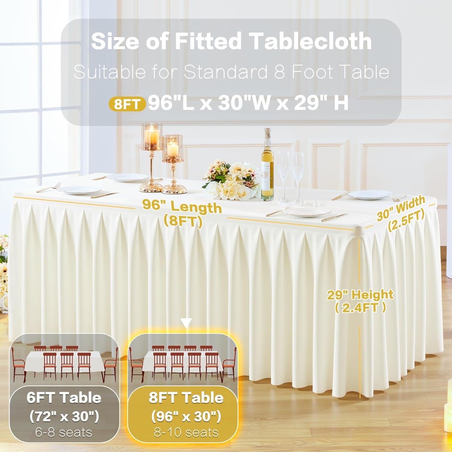 4 Pack Ivory Rectangle Tablecloth 8 FT Stretch Spandex Fitted Table Cloth for 8 Foot Rectangle Tables Banquet Tablecloths Wrinkle Free Table Cover Skirt Ruffle Tablecloth for Party Wedding Birthday