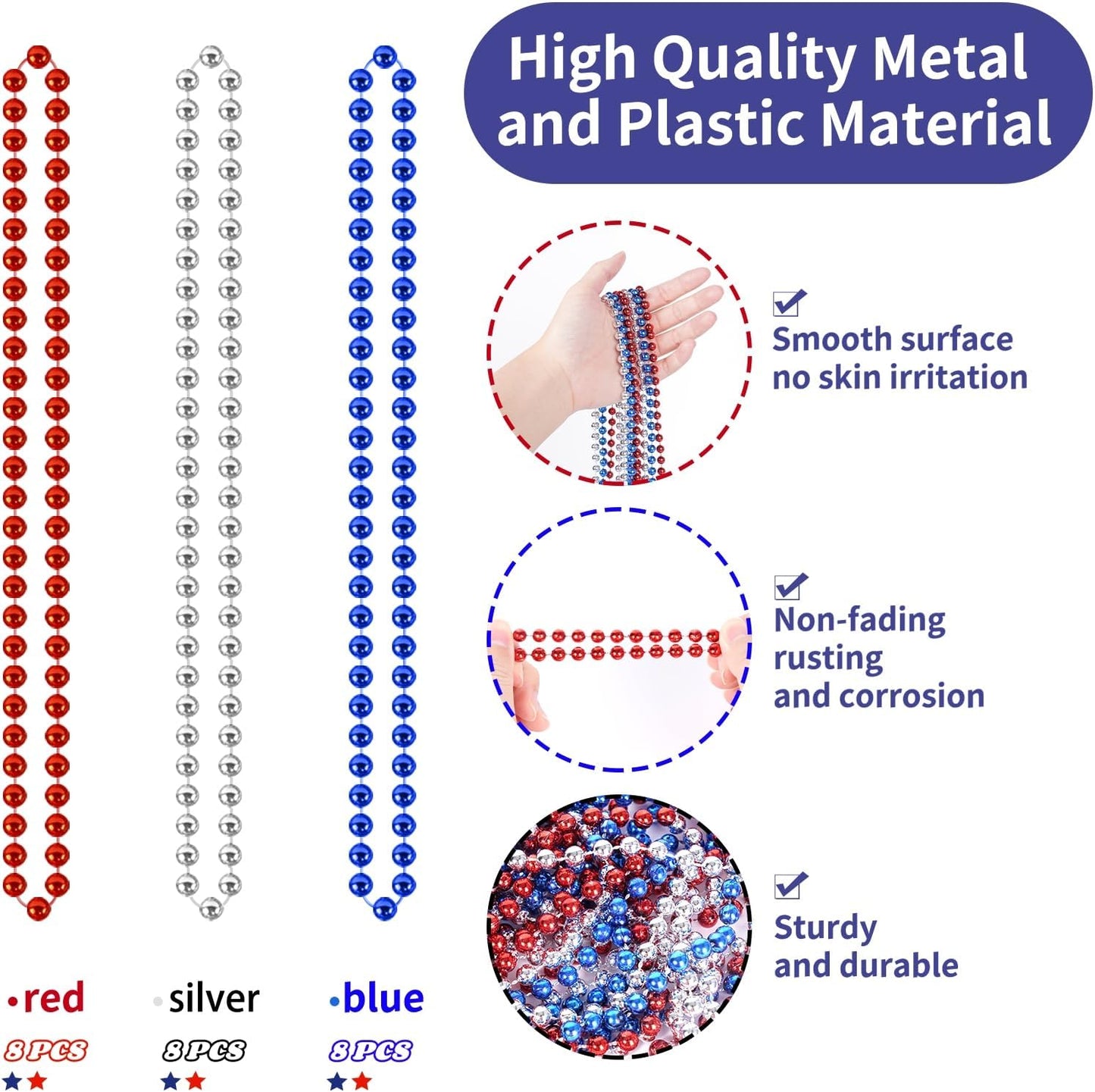 YAXINRUI 24 PCS Patriotic Beads Necklaces, 4th of july Accessories 33 Inch Independence Day Bead Necklace 4th of July Beads for Patriotic Parade Party